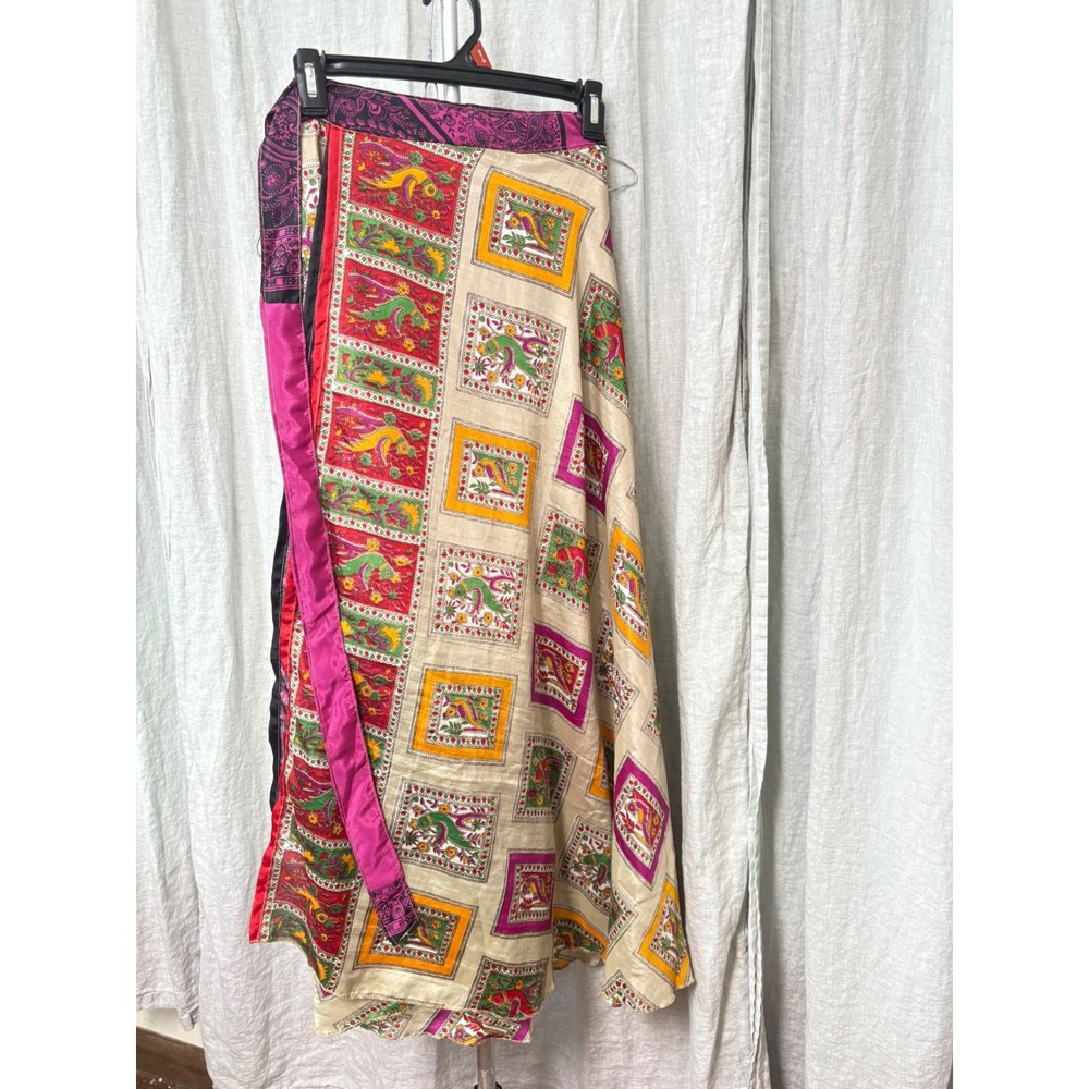 Artisan Hand Sewn Reversible Silk Wrap Skirt Bird Print Pink Boho Midi 24-36W